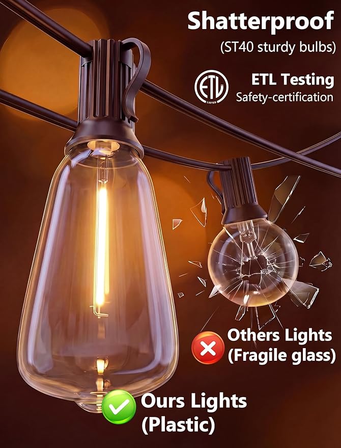 20FT ST40 LED Outdoor String Lights, Vintage Edison Patio Lights with 22 Shatterproof Bulbs, Waterproof Hanging Outdoor Lights for Backyard Porch Deck Bistro Garden, Warm White 2700K, Brown Wire
