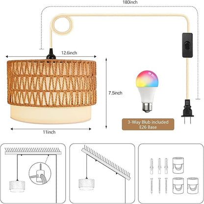 Plug in Hanging Lamp with RGB Smart Bulb Plug-in Cord Pendant Light with 15ft Cord Fixture Pendant Lights for Bedroom Kitchen Living Room Dining Room