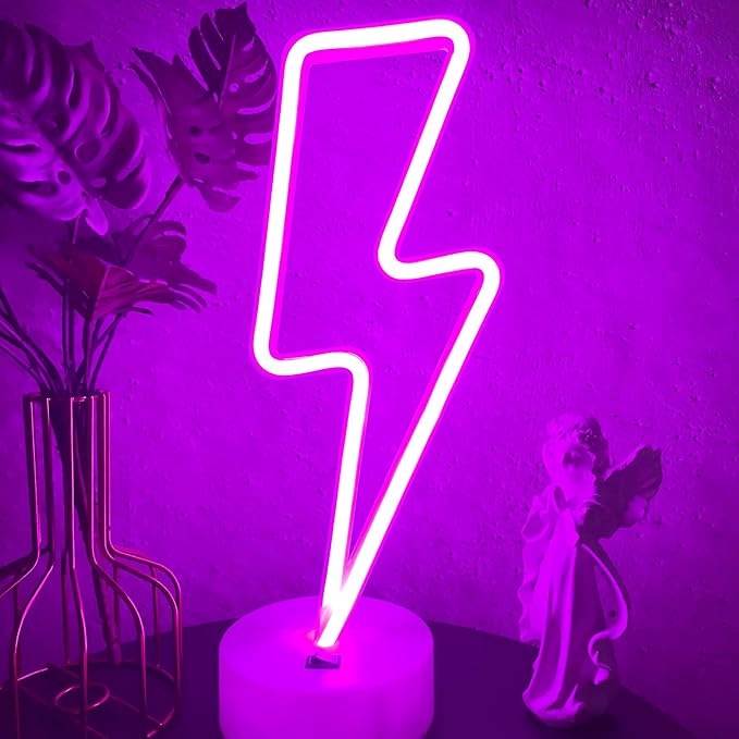 Lightning Bolt Neon Sign Purple With Base for Bedroom, USB/Battery Thunder Lamp Night Light, LED Shaped Decor for Desk Table Game Room Man Cave