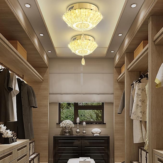 11.8" Mini Gold Crystal Chandelier LED Modern Flush Mount Ceiling Light for Hallway,Bedroom, Kitchen,