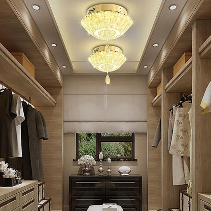 11.8" Mini Gold Crystal Chandelier LED Modern Flush Mount Ceiling Light for Hallway,Bedroom, Kitchen,