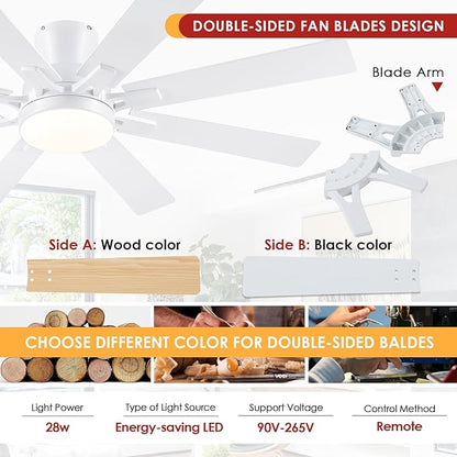 Mpayel Ceiling Fans with Lights, 52 Inch Low Profile Flush Mount Ceiling Fan, Modern White Ceiling Fan with Light for Bedroom Living Room, Remote/APP Control, Quiet DC Motor, Dimmable, 8 Wood Blades