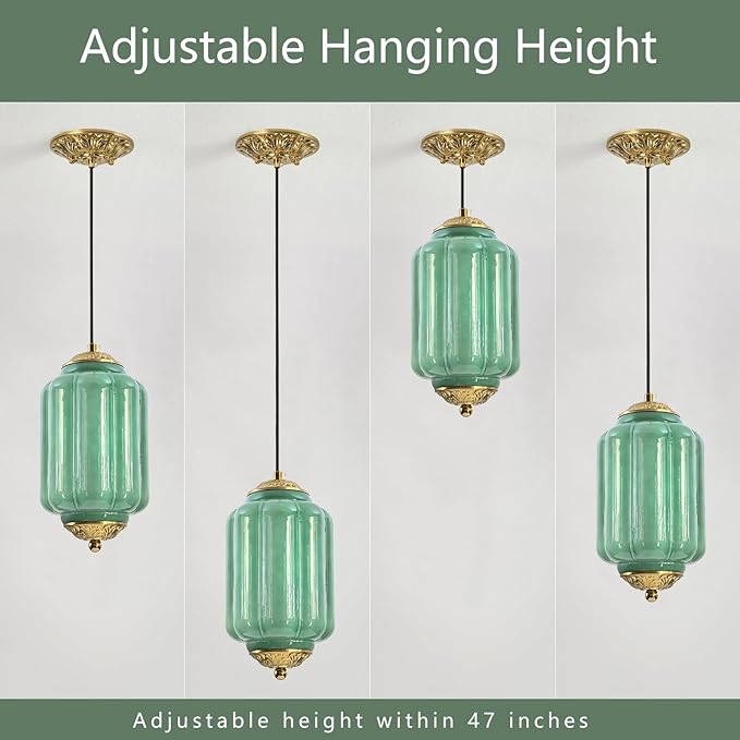 Milk Glass Pendant Light, 5.5 Inch Green Adjustable Cord Hanging Lamp, Dimmable E26 Base Vintage Pendant Light Fixture for Bedroom Bathroom Entryway