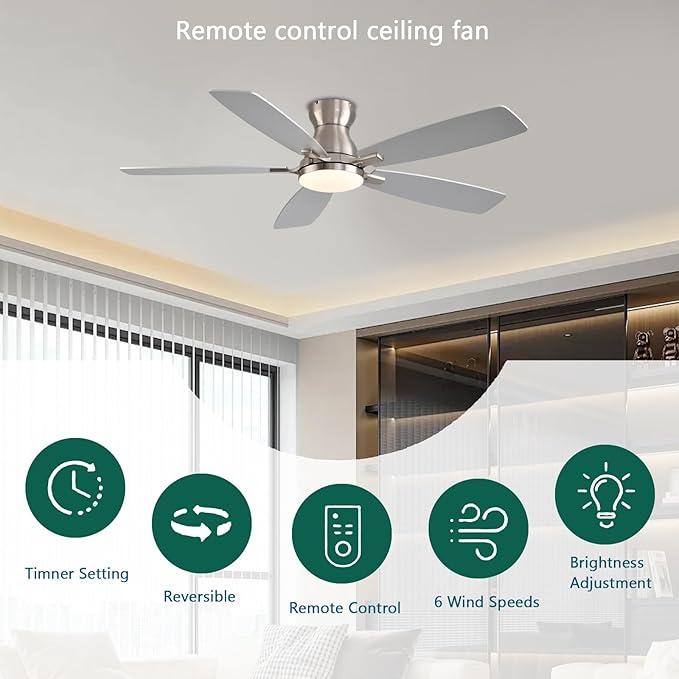 NKPU Ceiling Fans with Lights, Low Profile Ceiling Fan with Light and Remote/APP Control, DC Motor, Noiseless, Flush Mount, 52inch Nickel Ceiling Fan for Bedroom Indoor/Outdoor Use