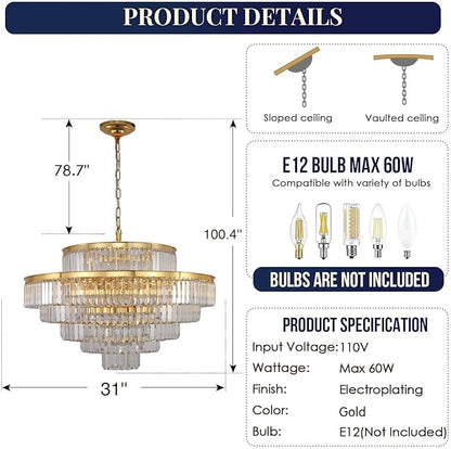 Gold Modern Crystal Chandeliers Large Chandelier 6-Tier Hanging Raindrop Pendant Light Fixture for Dining Room Bedroom Living Room Dia 31 Inch