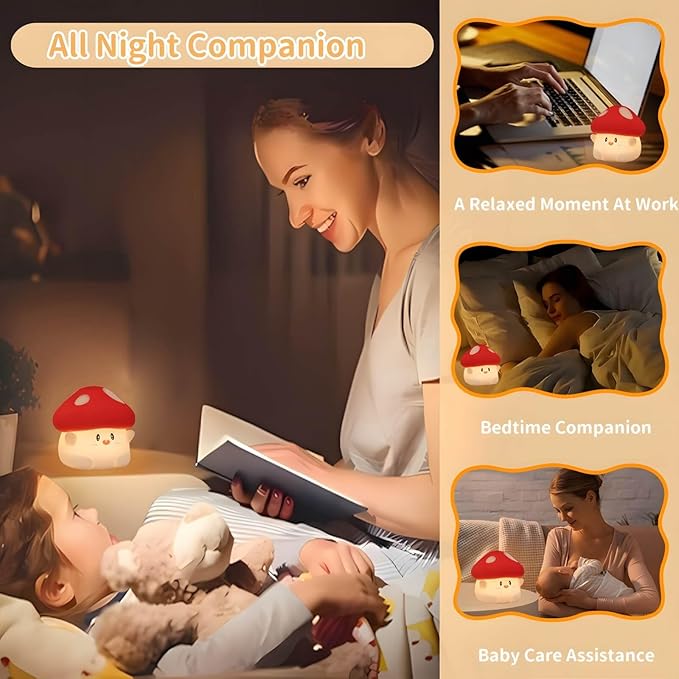 Mushroom Night Light Squishy Lamp, 50Hrs Battery Kids Nightlight, Tap Control, 30Min Auto-Off, Rechargeable Kawaii Bedside Lamp for Girls Room Decor, [Mothers Day Gifts]