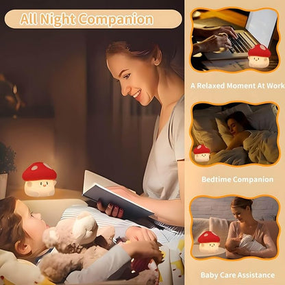 Mushroom Night Light Squishy Lamp, 50Hrs Battery Kids Nightlight, Tap Control, 30Min Auto-Off, Rechargeable Kawaii Bedside Lamp for Girls Room Decor, [Mothers Day Gifts]