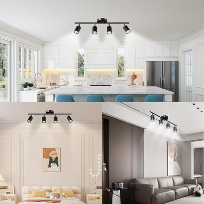 LED 4 Light Track Lighting Kit, Black Ceiling Spotlights, Modern Track Light Fixture with Flexibly Rotatable Light Heads for Kitchen, Living Room, Bedroom, Includes 4 x GU10 Bulb