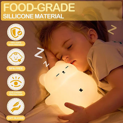 Snoring White Bear Night Light, Rechargeable Squishy Lamp - Silicone Nursery LED Animal Dimmanble Touch Nightlight - Bedroom Cute Funny Birthday Christmas Gifts for Kids, Boy, Girls