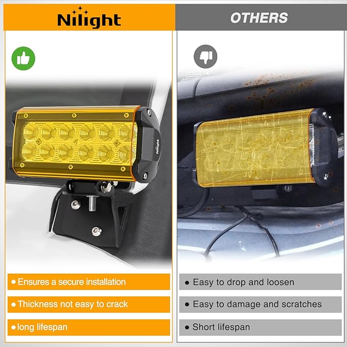 Nilight 6.5 Inch LED Light Bar Cover 2 PCS Yellow Protective Covers Durable Polycarbonate Lens Waterproof Dustproof Scratch-Proof for Double-Row Lights Off Road Driving Lighting