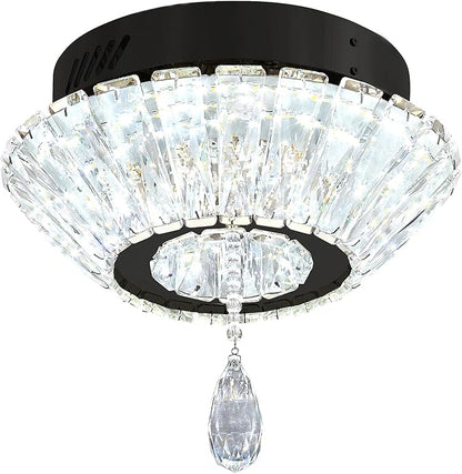 Black 12'' LED Mini Crystal Chandelier Dimmable Flush Mount Ceiling Light for Hallway Modern Living Room Bedroom Dining Room Foyer