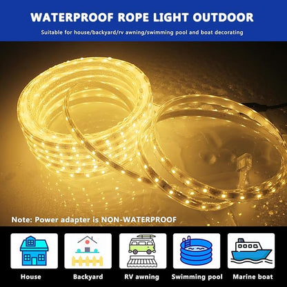 33ft Flat Rope Light Outdoor Warm White, 12V Dimmable LED Strip, 600 LEDs Flexible Waterproof Lighting for Outside House, Camping, Porch – Not Tube Light, Single Run Only