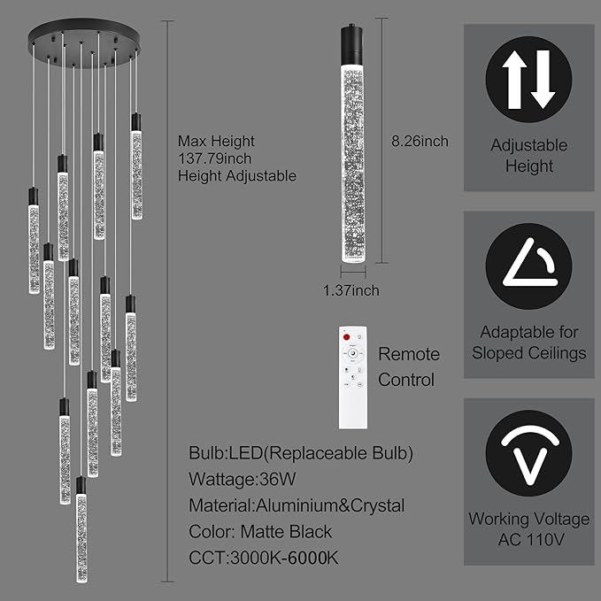 12-Lights Bubble Chandelier for Entryway High Ceiling-137 Height Adjustable Crystal Chandelier,3 Color Temperature Dimmable LED Pendant Light Fixture for Foyer Living Room Staircase,Matte Black