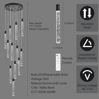 12-Lights Bubble Chandelier for Entryway High Ceiling-137 Height Adjustable Crystal Chandelier,3 Color Temperature Dimmable LED Pendant Light Fixture for Foyer Living Room Staircase,Matte Black