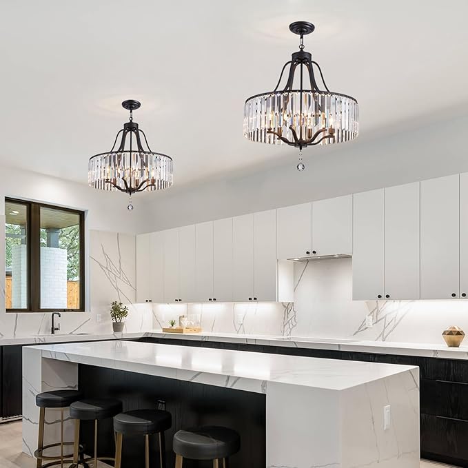 Black Crystal Chandelier 6-Light Modern Farmhouse Dining Room Light Fixtures Over Table Round Large Hanging Light for Living Room Kitchen Hallway Bedroom Foyer 21.7 Inch