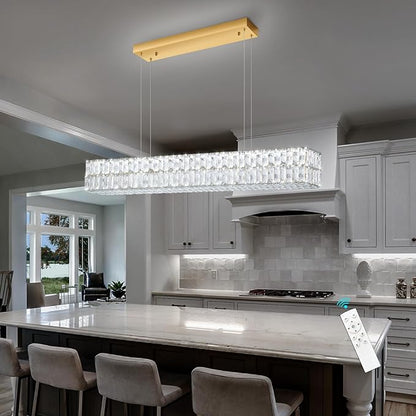 47 Inch Rectangular Crystal Chandelier Glam Dimmable LED Chandeliers for Dining Room Linear Pendant Light with Remote Control for Kitchen Island Gold