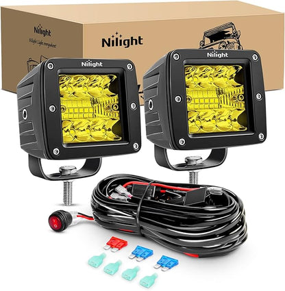 Nilight 2Pcs 3Inch Amber LED Pods 42W LED Cubes Upgraded Spot Flood Combo Driving Backup Light Reverse Light with Off Road Wiring Harness Kit -2 Leads for Trucks ATV UTV SUV