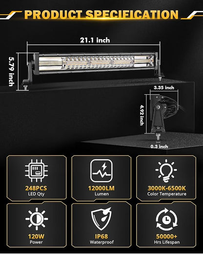 Auxbeam 22 Inch LED Light Bar, 120W 6 Modes Amber White Strobe Fog Lights, Spot Flood Combo Memory Function Offroad Driving Work Ditch Light for Truck Car ATV