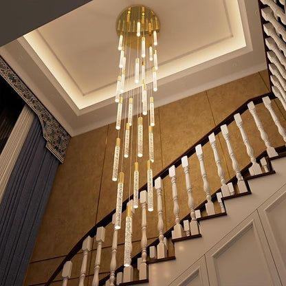 12FT High Ceiling Gold Crystal Chandelier 26-Lights Modern LED Dimmable Pendant Light for Entryway Living Room Dining Room Staircase Foyer Long Hanging Glam Fixture
