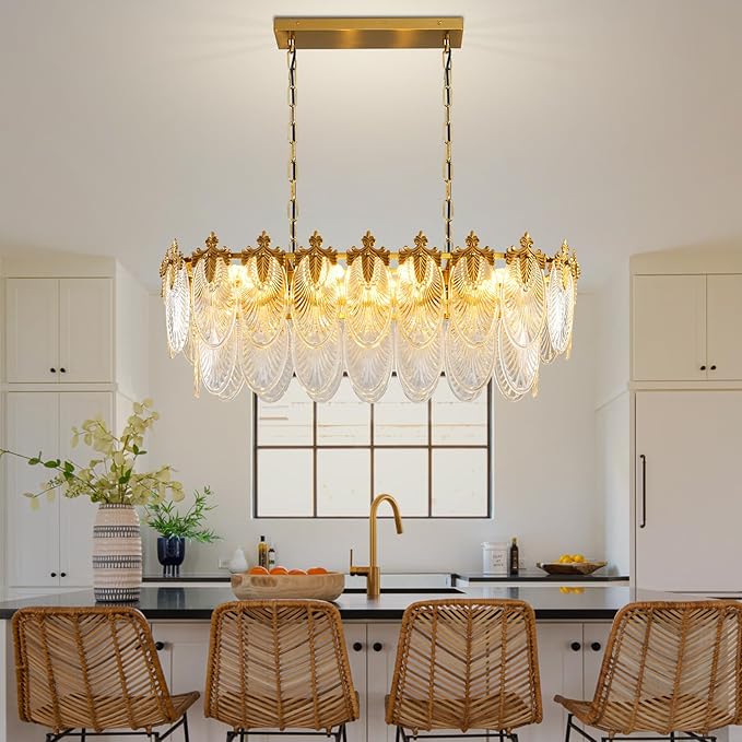 KELUOLY Rectangular Crystal Glass Dining Room Chandelier, 8 Light Gold Chandeliers Lighting Fixture, L33.5'' Height Adjustable Oval Ceiling Pendant Light for Office Coffee Over Table Kitchen Island