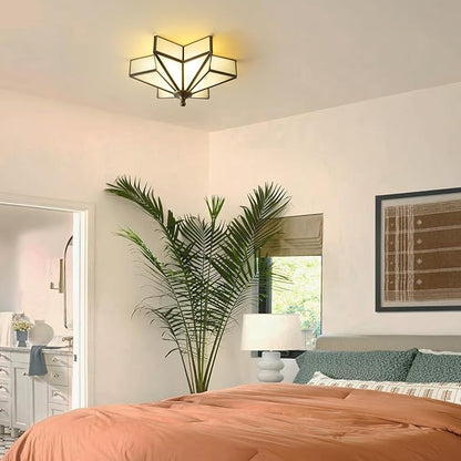Star Brass Glass Ceiling Light - Small 12 Inch Bronze Black Flush Mount Fixture - Unique Art Deco Vintage Modern Milk Lighting Lights for Bedroom Dining Entry Hall Hallway Outdoor Porch