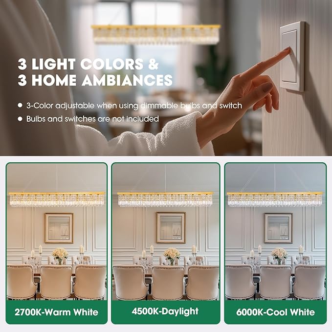 Gold Large Modern Crystal Chandeliers for Dining Room Light Fixture, 13-Light Rectangle Chandelier for Kitchen Island Living Room, L59 Inch