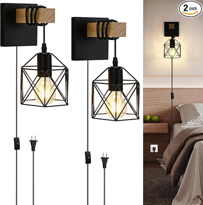 Lightess Plug in Wall Sconces Set of 2 with On/Off Switch, Industrial Wall Lights Metal Cage Lampshade, Black Farmhouse Wall Mounted Lamp for Bedroom Living Room
