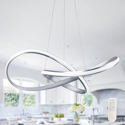 Modern LED Pendant Light Fixture Contemporary Ring Chandelier Nickel with 3000K-6000K Dimmable Remote Control and 79in Height Adjustable for Foyer Living Room Bedroom Dining Room