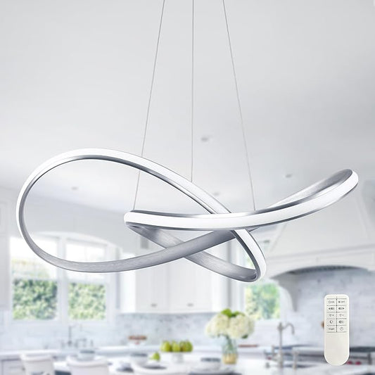 Modern LED Pendant Light Fixture Contemporary Ring Chandelier Nickel with 3000K-6000K Dimmable Remote Control and 79in Height Adjustable for Foyer Living Room Bedroom Dining Room