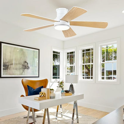 Hounberi 46 Inch Flush Mount Ceiling Fan with Lights and Remote, Modern Quiet DC Motor Low Profile Ceiling Fan for Low Ceilings, 5 Reversible Blades, 6 Speeds Dimmable, Indoor Outdoor Bedroom, White