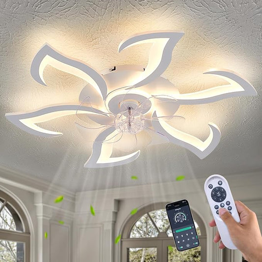 Yfrest Modern Ceiling Fan with Light and Remote, Low Profile 32 Inch White Flush Mount Fandelier Ceiling Fan for Kitchen Bedroom