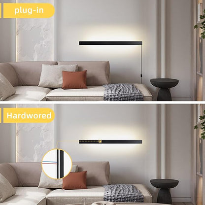 KELUOLY Modern Plug in Wall Lights, 31.4 inch Frosted Black LED Long Wall Sconce, 16W Warm White 3000K Acrylic Indoor Wall lamp,with 59" Plug Cable for Bedroom, Living Room, Hallway
