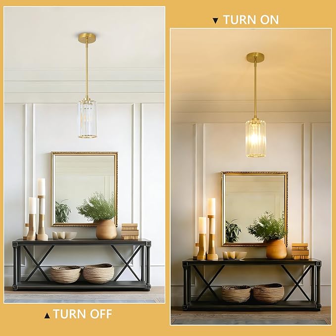 LAMSU Crystal Pendant Lights, Modern Gold Pendant Lighting with Clear Glass Shade, Small Brass Chandelier Light Fixtures Ceiling Hanging for Dining Room Kitchen Island Bedroom Foyer Hallway