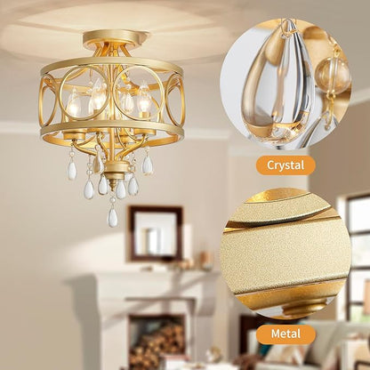 Crystal Ceiling Light Fixture, Modern Semi Flush Mount Ceiling Light, 4-Light Gold Round Crystal Chandelier Hallway Lighting Fixtures for Bedroom Bathroom Foyer Entryway Dining Room Kitchen