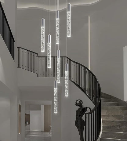 7-Lights High Ceiling Crystal Chandelier, Modern LED Raindrop Pendant Light Fixture 60" H Flush Mount Chandelier Chrome for Foyer Staircase Living Room