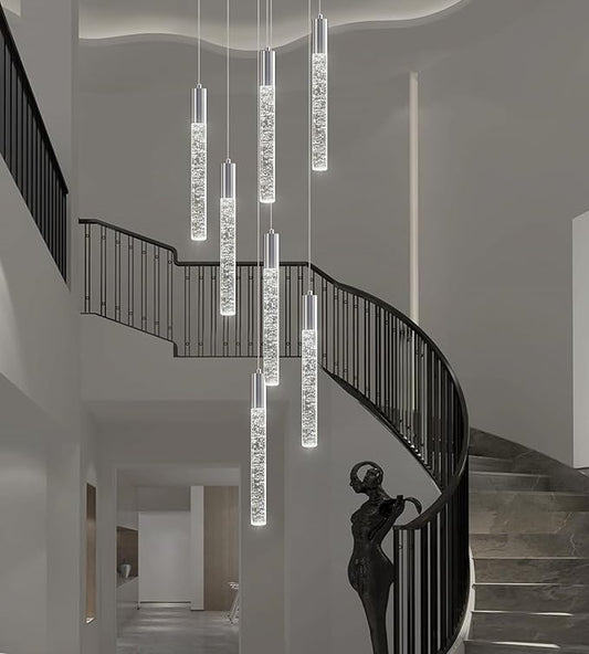 7-Lights High Ceiling Crystal Chandelier, Modern LED Raindrop Pendant Light Fixture 60" H Flush Mount Chandelier Chrome for Foyer Staircase Living Room