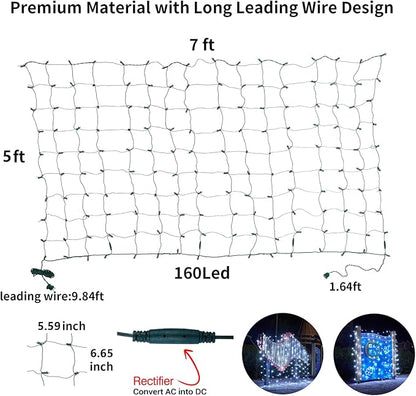 Dirnun Led Christmas Net Lights White Outdoor Christmas Lights 160LED 5ftx7ft, Waterproof Outdoor Indoor Fairy Mesh Net Light for Xmas Party, Yard, Patio, Trees, Shrubs, Bushes Decorations
