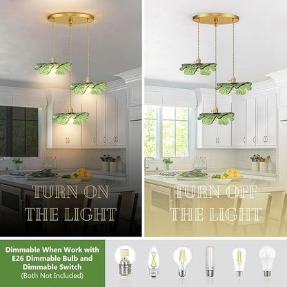 Green Glass Pendant Light 3-Light Cluster Chandelier Adjustable Gold Brass Pendant Hanging Light Farmhouse Pendant Lights for Kitchen Island Dining Room Bedroom