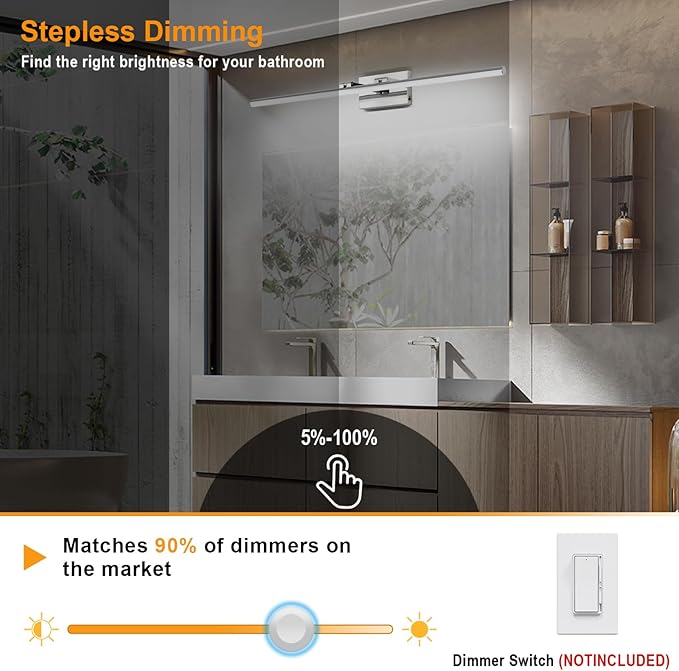 LED Bathroom Vanity Light, Modern Bathroom Light Fixture Over Mirror (3000K/4000K/6000K, Dimmable), Vanity Light Bar with Angle Adjustable, 40 Inch, Chrome