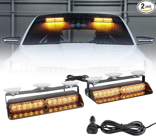 Amber LED Warning Dash Windshield Strobe Lights, 26 Modes 12/24V 2 x 8.4” Emergency Traffic Advisor 2 x 8.4 Inch Car Front/Rear Dash Windshield Strobe for Trucks Vehicles Snow Plow