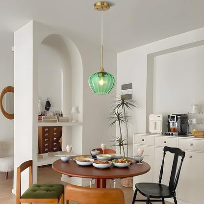 Green Glass Pendant Light, 7 Inch Modern Gold Pendant Lighting Vintage Ceiling Fixtures Mini Hanging Lamp for Kitchen Island Dining Room Restaurant Sink Foyer Entryway
