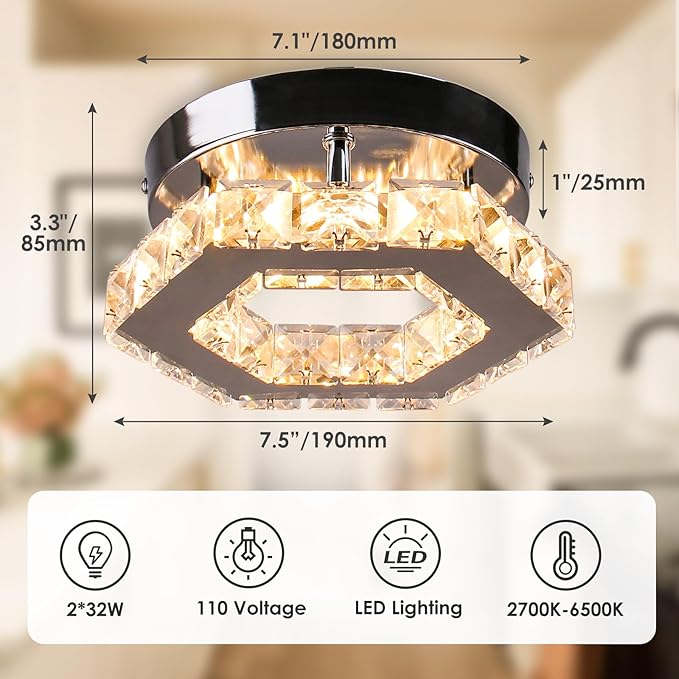 Dimmable Crystal Chandelier Mini LED Flush Mount Ceiling Light Fixture Modern Chandelier Lighting Lamp for Bedrooms Hallway Living Room Dining Room Kitchen Bar