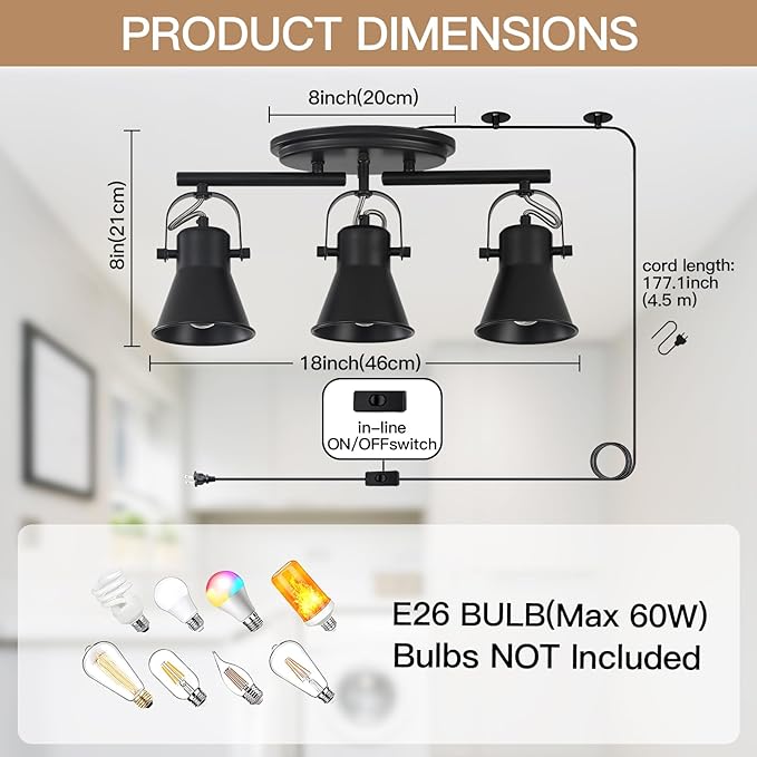 3-Lights Plug in Track Lighting with 14.8ft ON/Off Cord, Adjustable Plug in Ceiling Light,Black Track Lighting for Kitchen Dining Room Bathroom Over Sink Laundry Room
