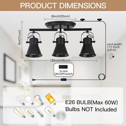 3-Lights Plug in Track Lighting with 14.8ft ON/Off Cord, Adjustable Plug in Ceiling Light,Black Track Lighting for Kitchen Dining Room Bathroom Over Sink Laundry Room