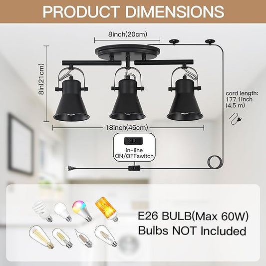 3-Lights Plug in Track Lighting with 14.8ft ON/Off Cord, Adjustable Plug in Ceiling Light,Black Track Lighting for Kitchen Dining Room Bathroom Over Sink Laundry Room