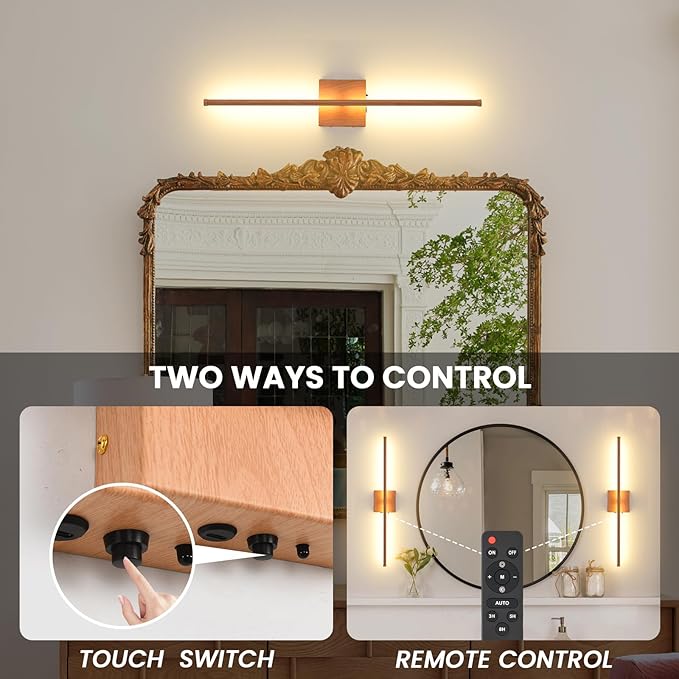 LED Battery Operated Wall Sconces, 11000mAh Faux Wood Texture Finish Wireless Wall Lights with Remote, 350°Rotate Dimmable Wall Lamp 3 Color Temperatures, for Bedroom Living Room Hallway, 2 Pack