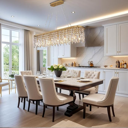 Siljoy Modern Crystal Chandelier for Dining Room, 12-Light Luxury Rectangle K9 Crystal Raindrop Chandelier, Dimmable Oval Crystal Pendant Ceiling Light for Living Room Kitchen Island L47 Inch