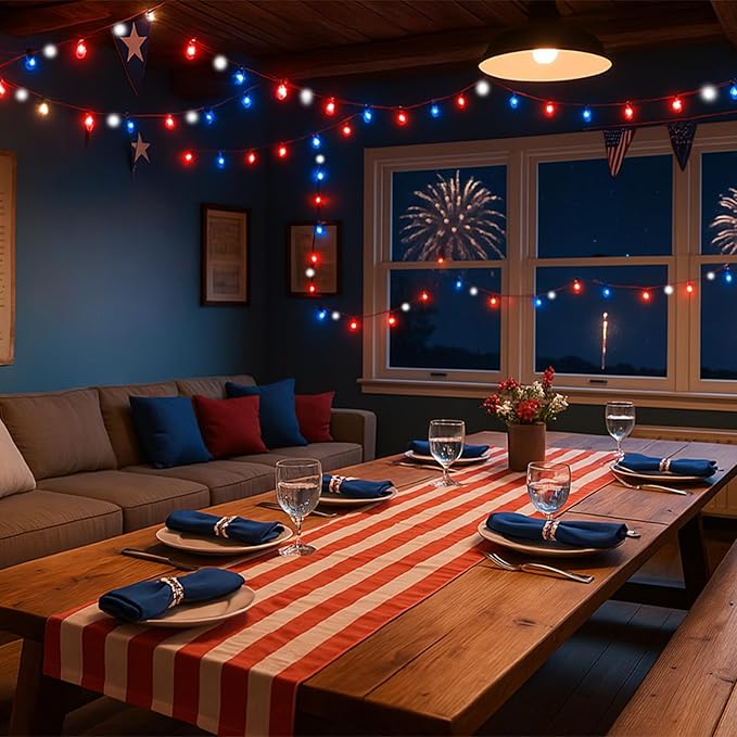 LAMPHOME 33ft Patriotic String Lights, Red White Blue Mini Lights, 100 LED Green Wire Fairy Starry String Lights Plug in, 16 Modes for Independence Day Celebration Party Memorial Day Decor
