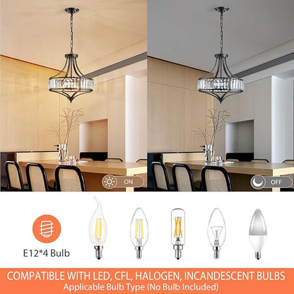 Black Crystal Chandeliers for Dining Room, Round Rustic Farmhouse Chandelier with Metal Shade 4-Light Modern Pendant Lighting for Hallway, Bedroom, Foyer