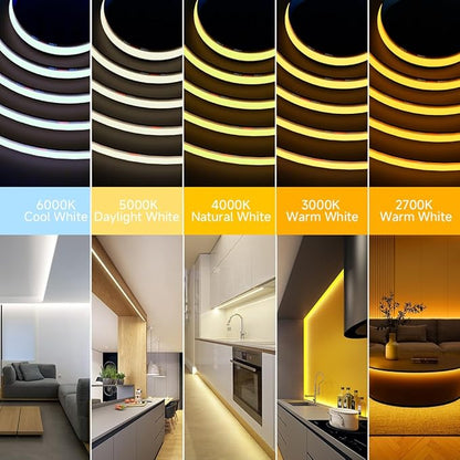 BTF-LIGHTING FCOB COB LED Strip Flexible High Density Uniform Light 9W/m 16.4FT DC24V Daylight White 5000K 480LEDs/m CRI 90+ 8mm Width Dimmable LED Ribbon for Indoor Decor(No Adapter or Controller)